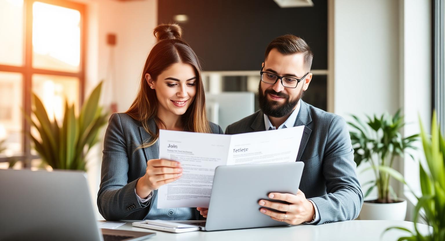 Two recruiters reviewing a printed job description in a bright modern office