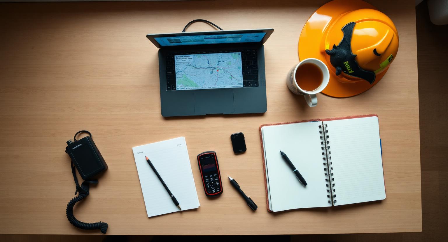 Overhead flat-lay of an ecologist's desk with laptop, GPS, bat detector, notebook and hard hat