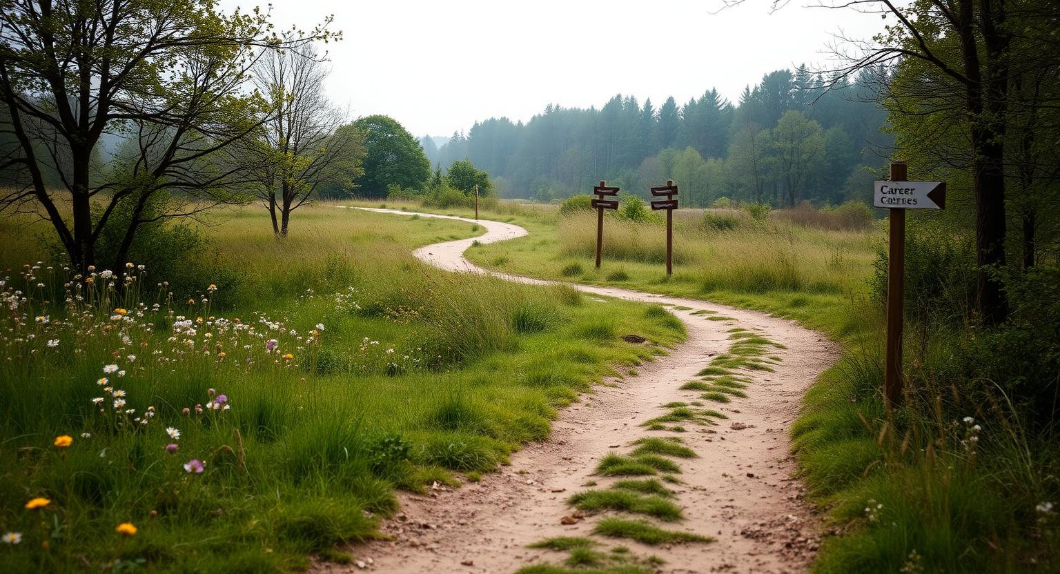 A forked footpath through a UK meadow representing branching sustainability career paths