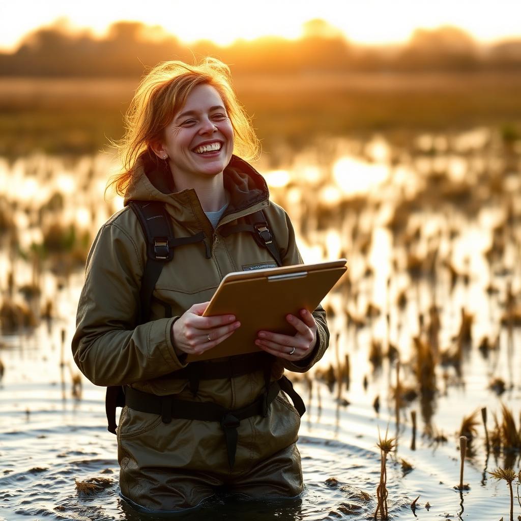 An ecologist in waterproofs laughing while surveying a flooded UK wetland at golden hour